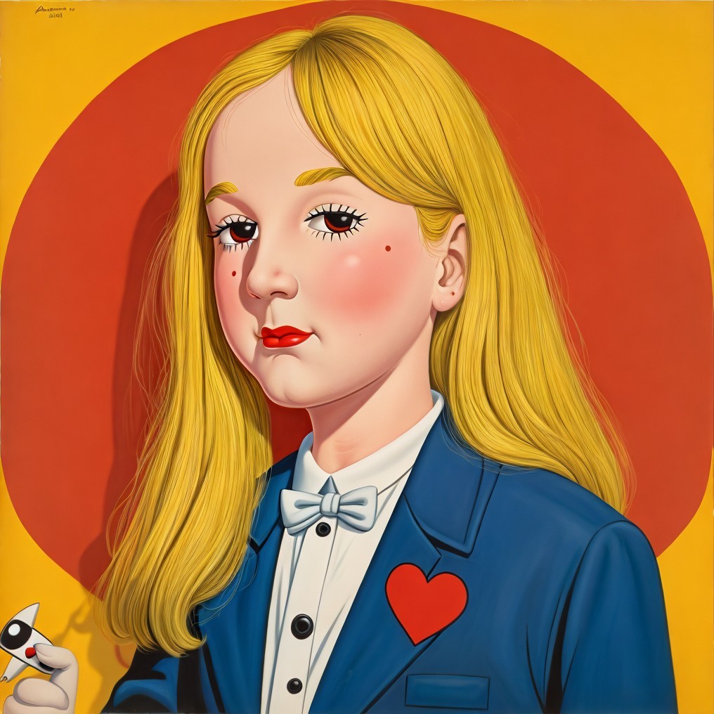 Blonde Girl in Blue Suit with Model Rocket and Heart