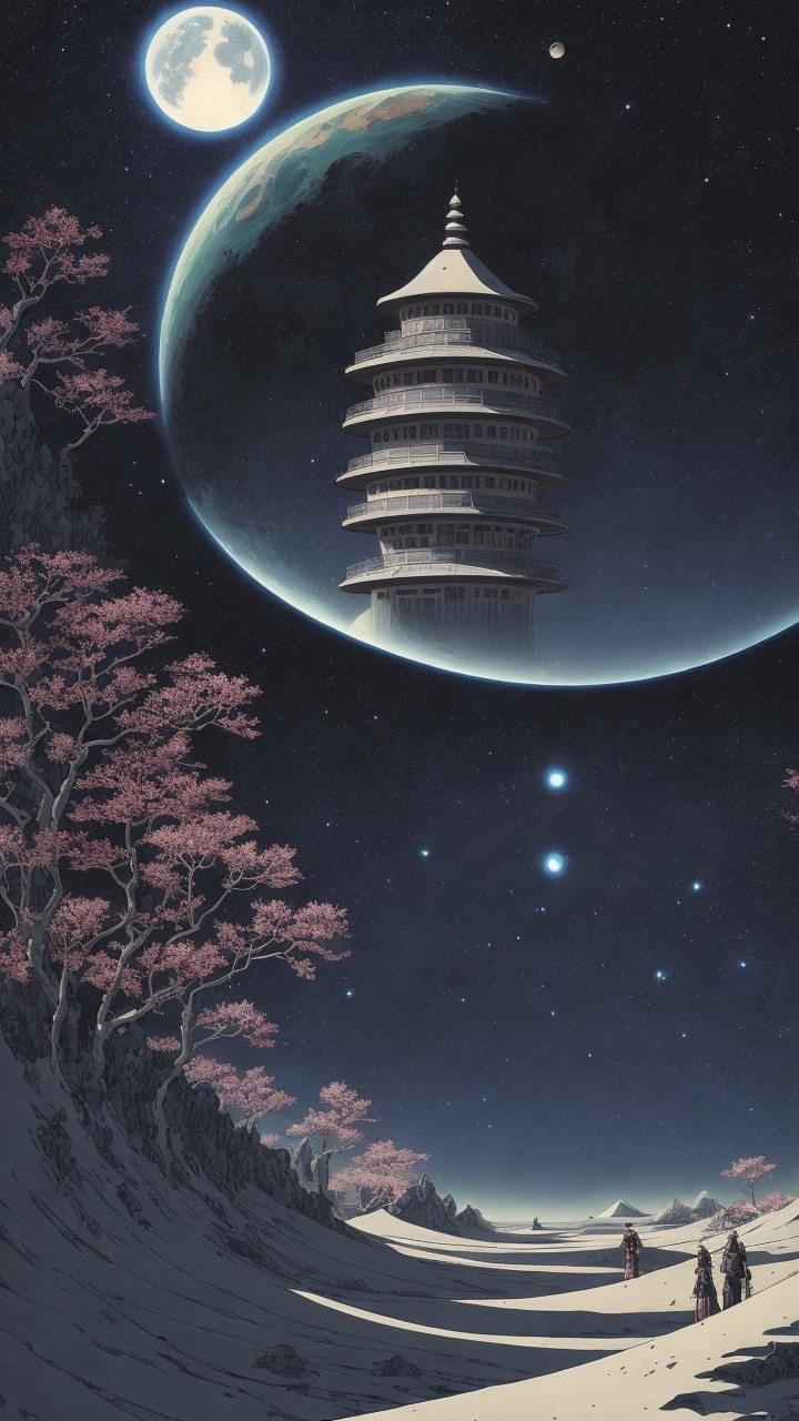 Surreal Landscape with Pagoda and Starry Night Sky