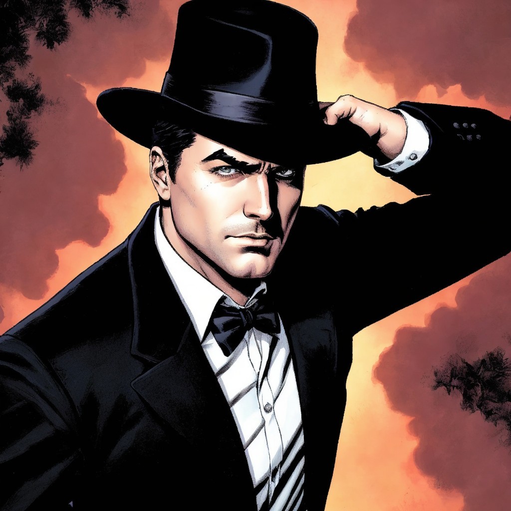 Suave Man in Tuxedo Against Dramatic Background