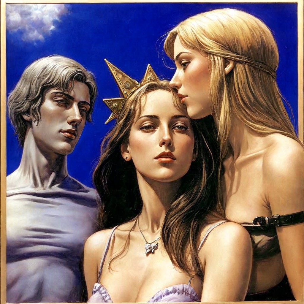 Three Figures with Contrasting Styles on Blue Background