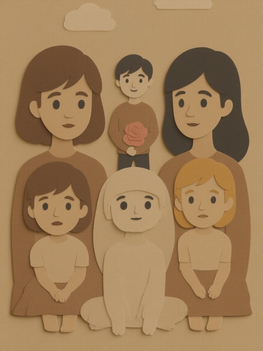 Cut-out paper scene with five characters and rose