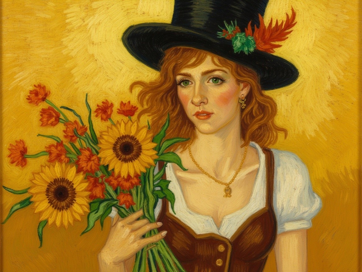Woman with Red Hair in Black Hat Holding Flowers