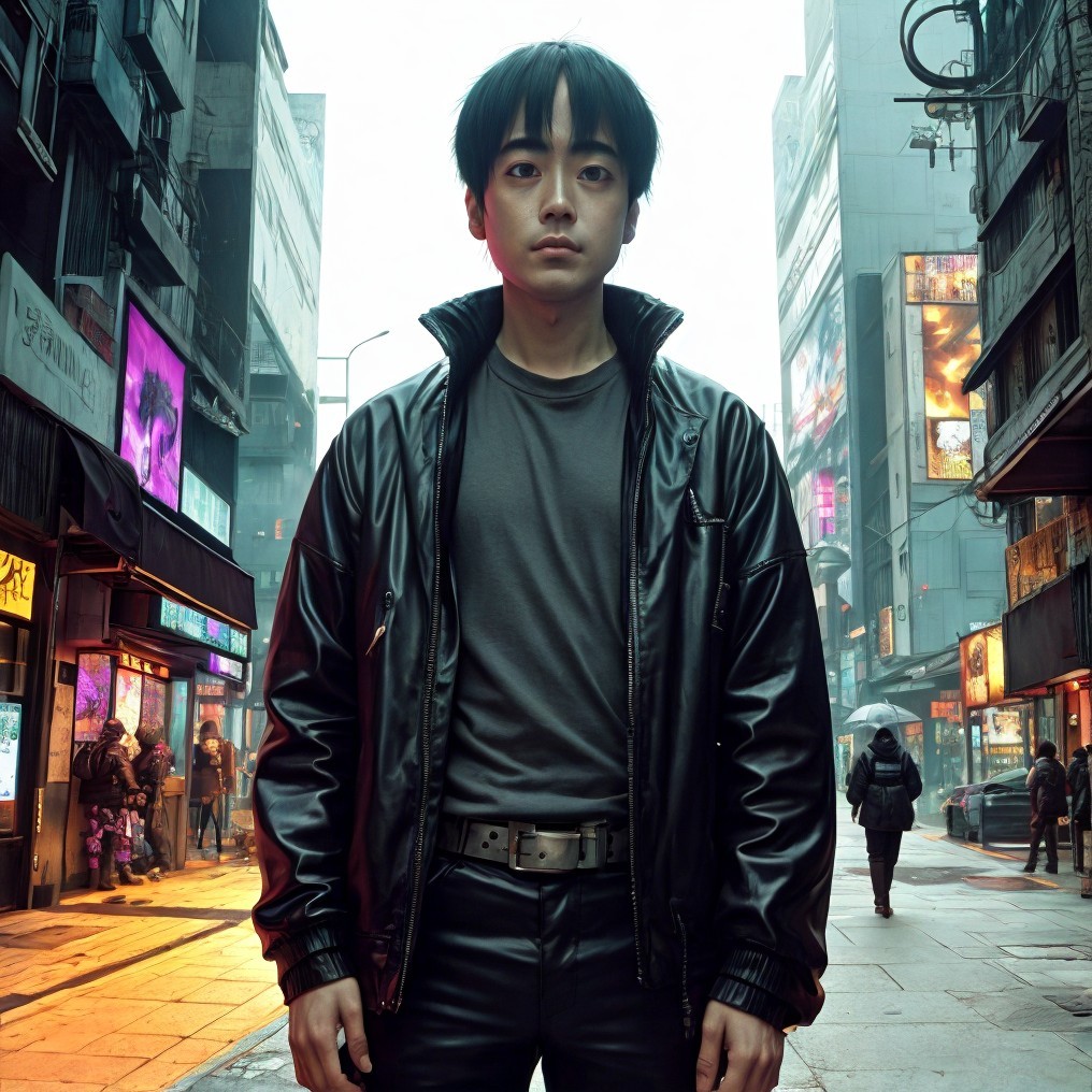 Young man in leather jacket in vibrant urban setting
