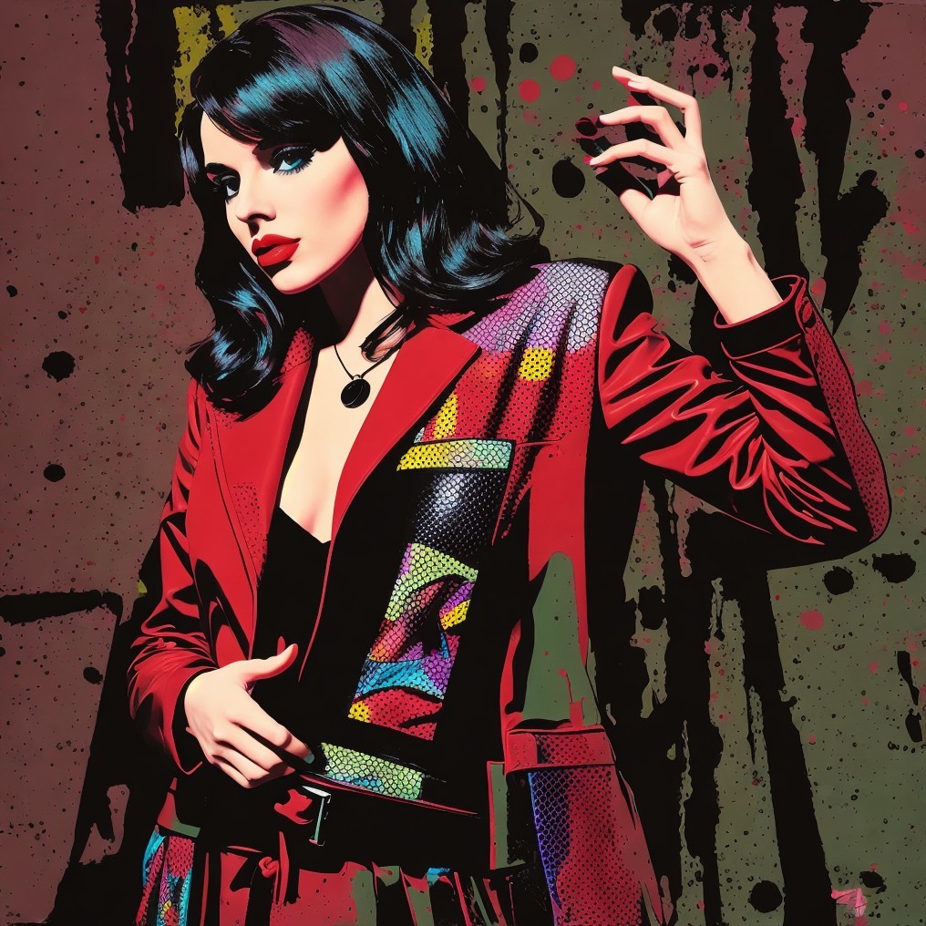 Stylish figure in red suit jacket with bold makeup
