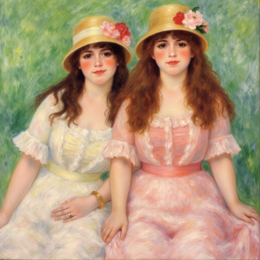 Young Women in Pastel Dresses with Floral Hats