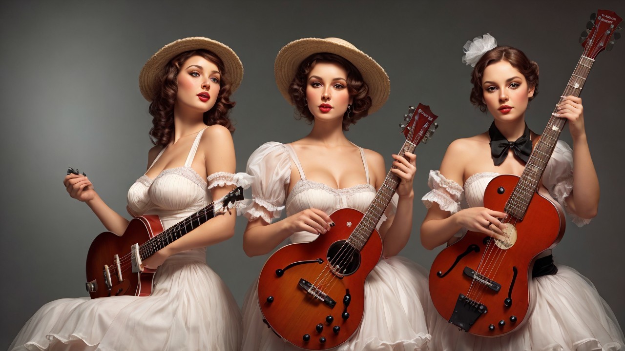 Elegant women in vintage dresses with guitars