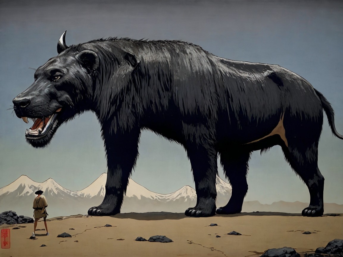 Dark Mythological Creature Overlooking Mountains