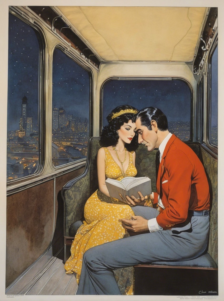 Nighttime Train Scene with Two Readers and Cityscape