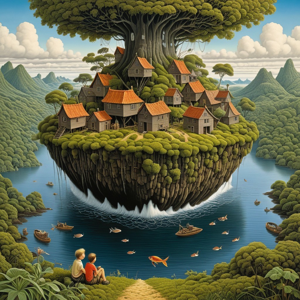 Whimsical Floating Island with Lush Tree and Children