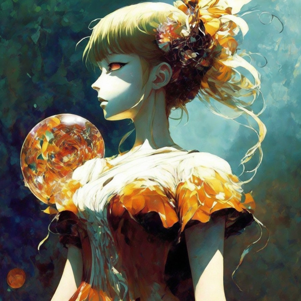 Profile of a character in a vibrant orange dress