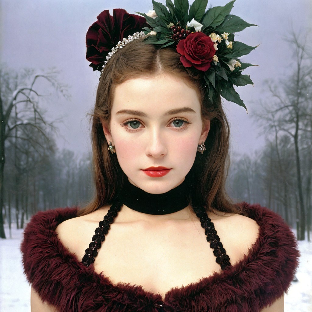 Young woman in floral crown with snowy landscape backdrop