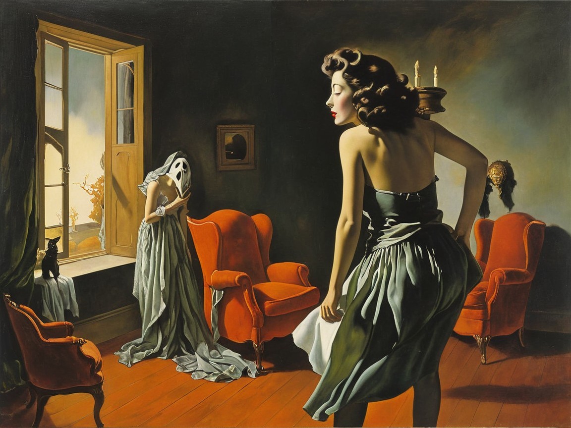 Elegant Women in a Dimly Lit Room with Surreal Elements