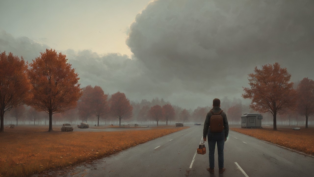 Lone Figure on Autumn Road with Vibrant Trees