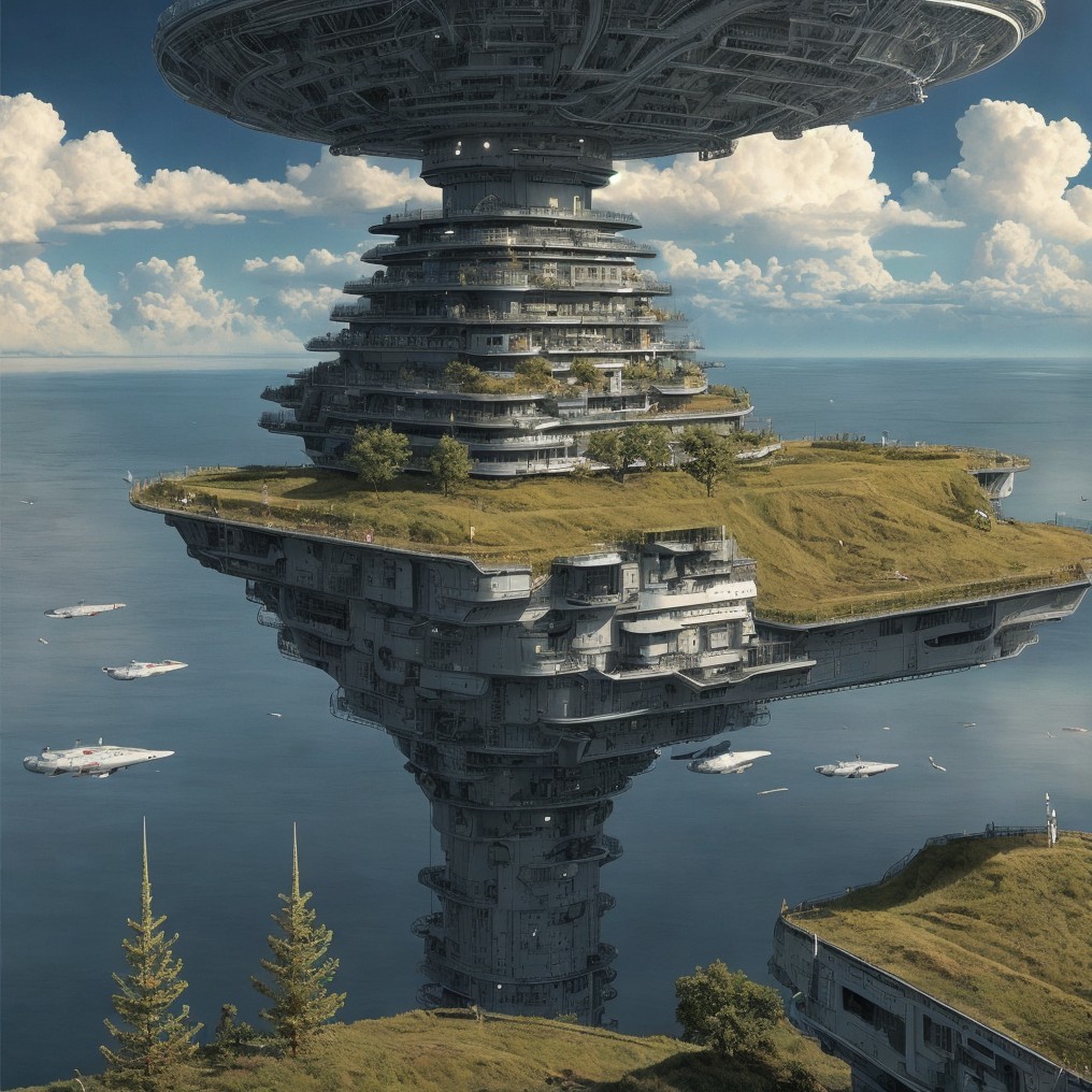 Futuristic Floating Structure Over Serene Waters