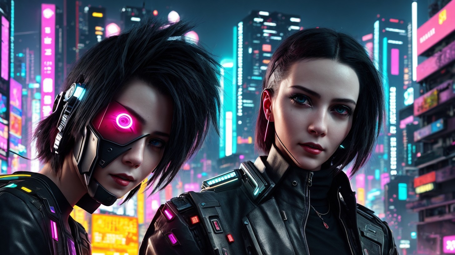 Digital Artwork of Two Women in Neon Cityscape