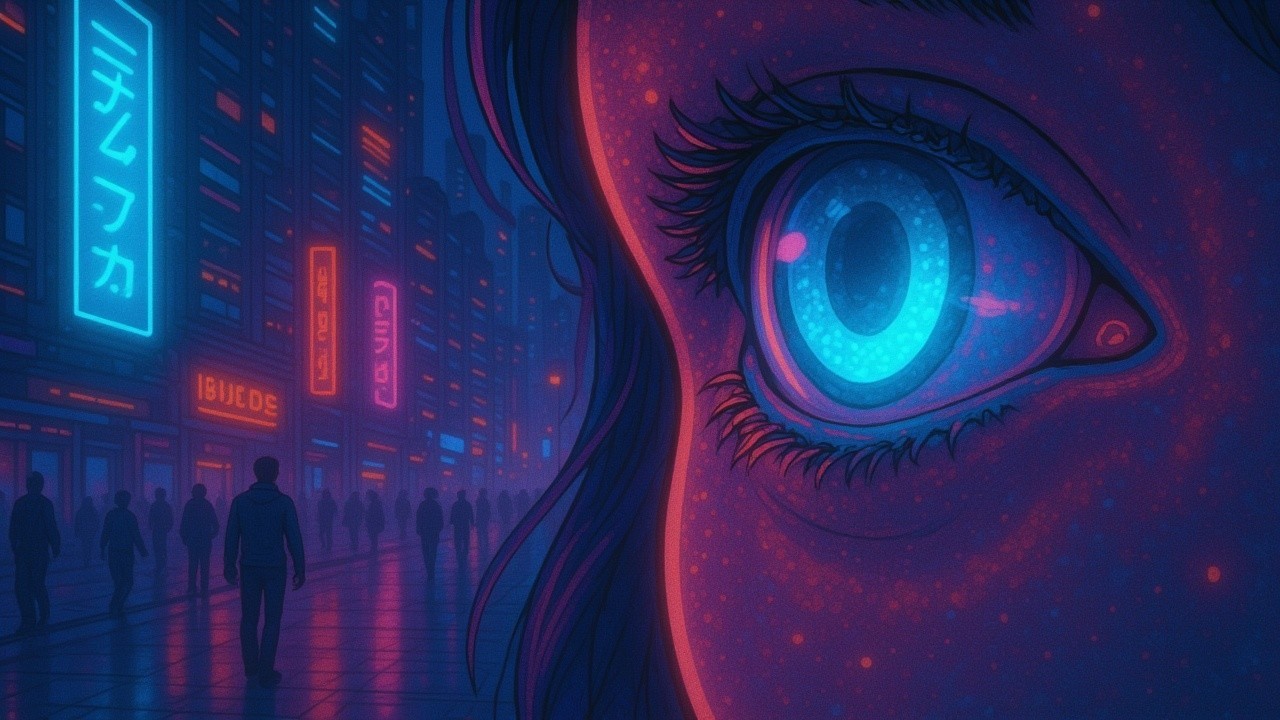 Close-up of a vibrant digitally illustrated eye with cityscape