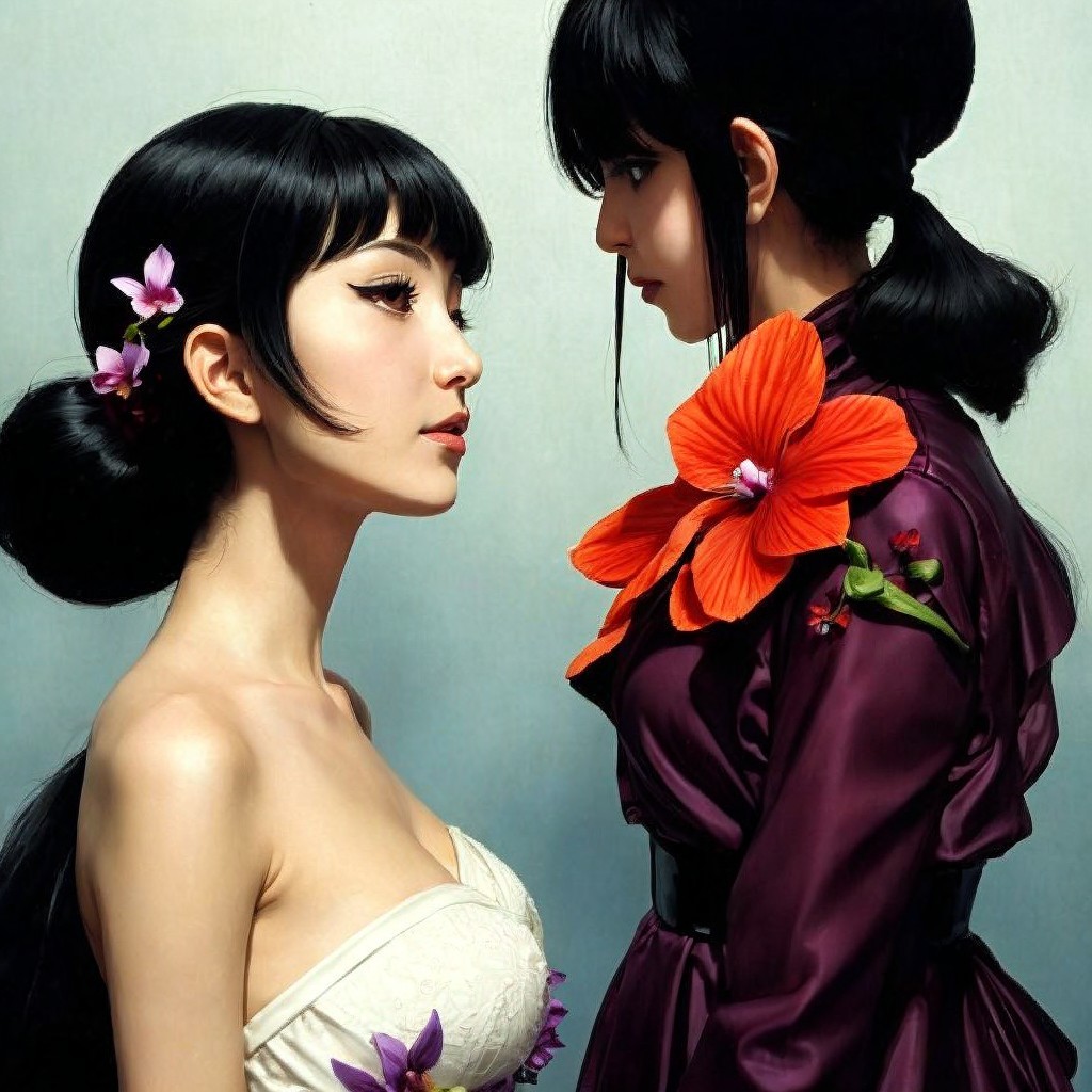 Elegant Women in Contrasting Fashion Styles and Flowers