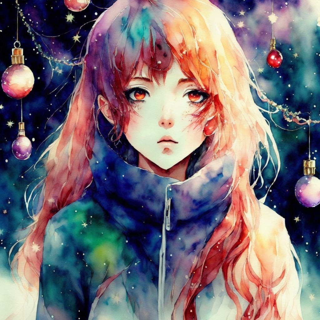 Watercolor Painting of Anime Girl with Festive Elements