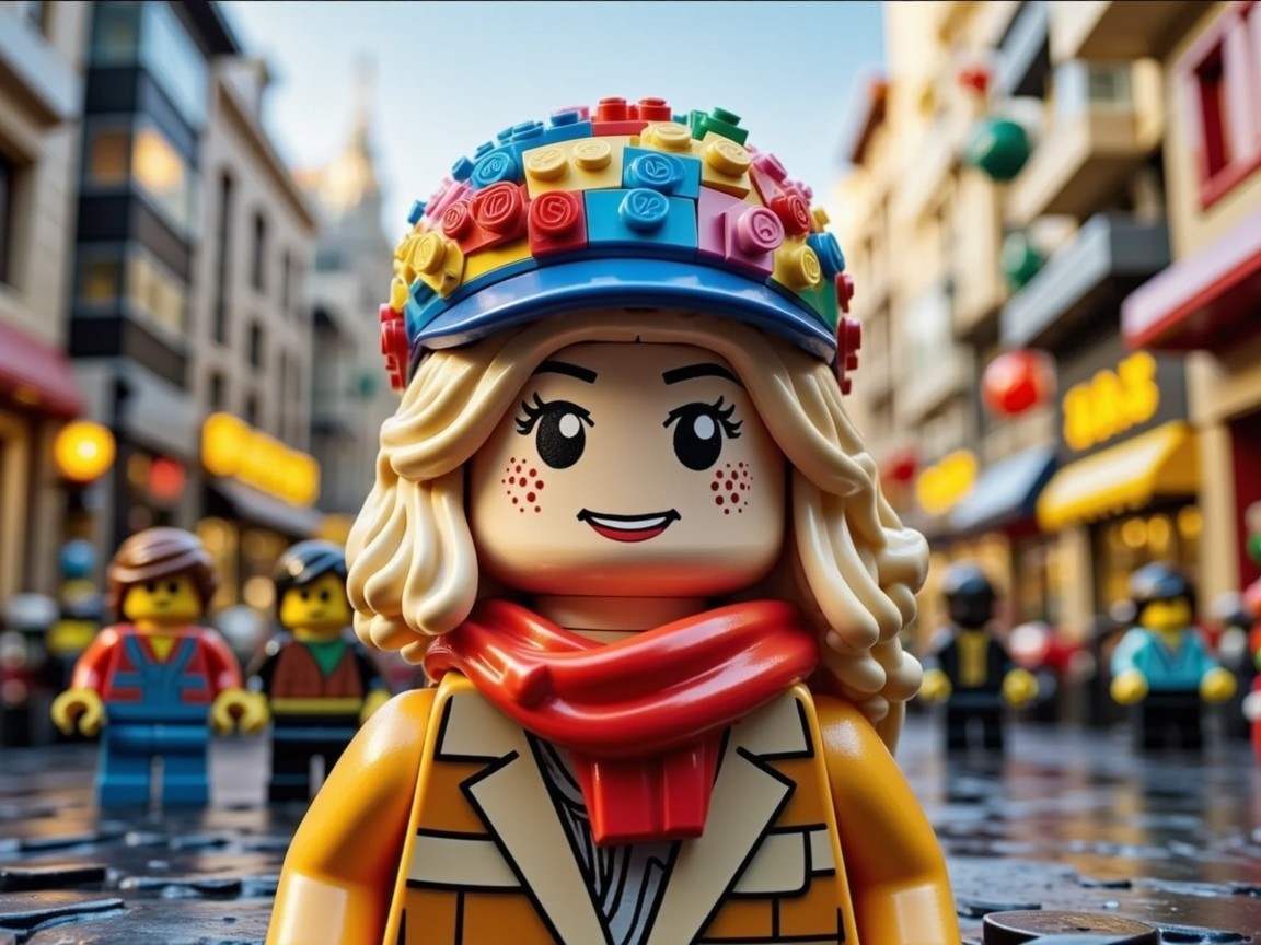 Cheerful LEGO Figure in Vibrant City Street Scene