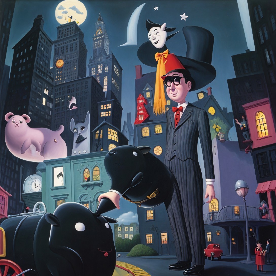 Surreal Nighttime City Scene with Unique Characters