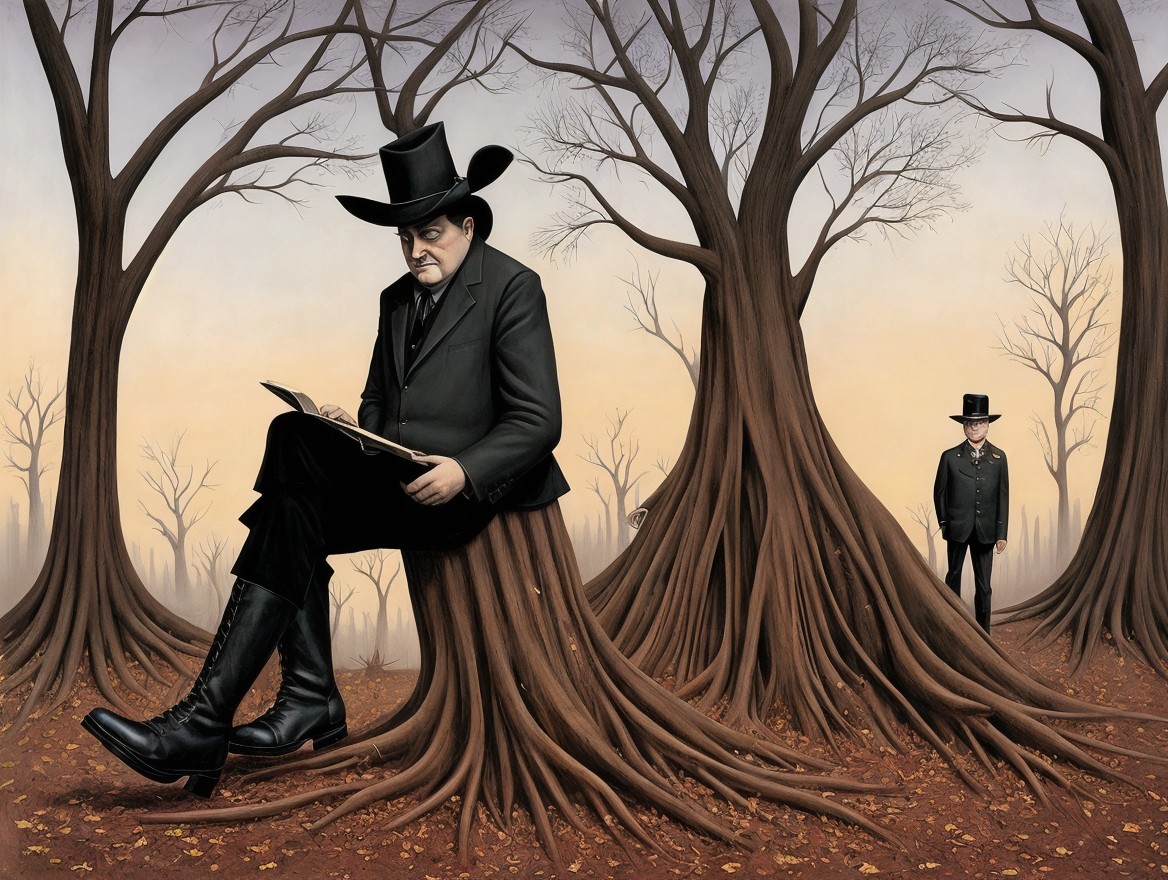 Surreal Scene of a Man Writing in a Barren Landscape