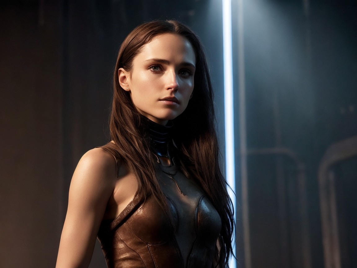 Confident woman in futuristic outfit in dim light