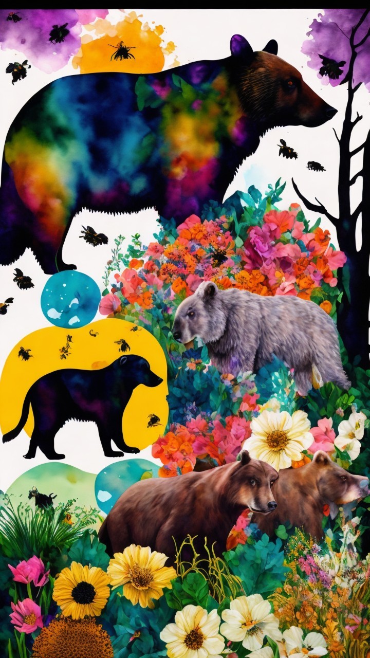 Vibrant Painting of Bears in a Colorful Forest Scene