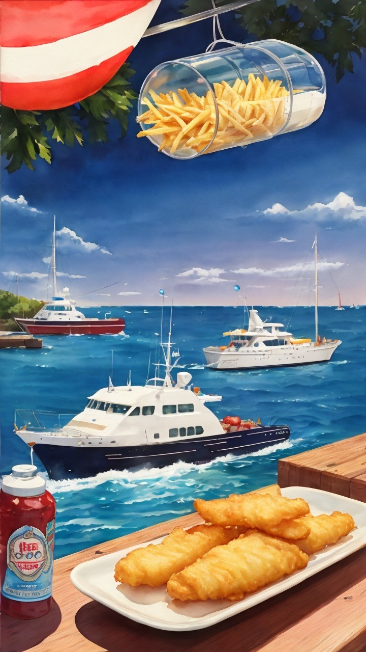Coastal Scene with Fried Fish and Yachts Background