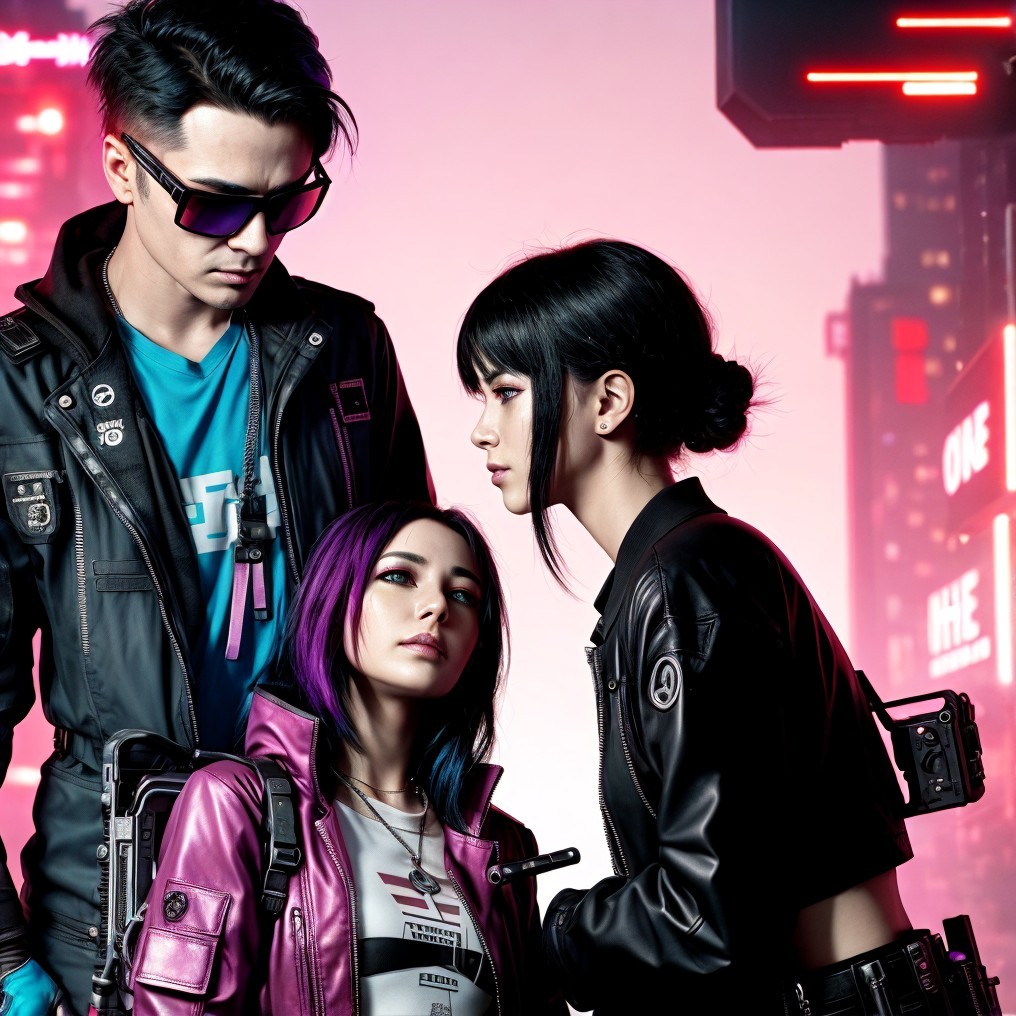 Futuristic Cyberpunk Characters in Neon Urban Setting