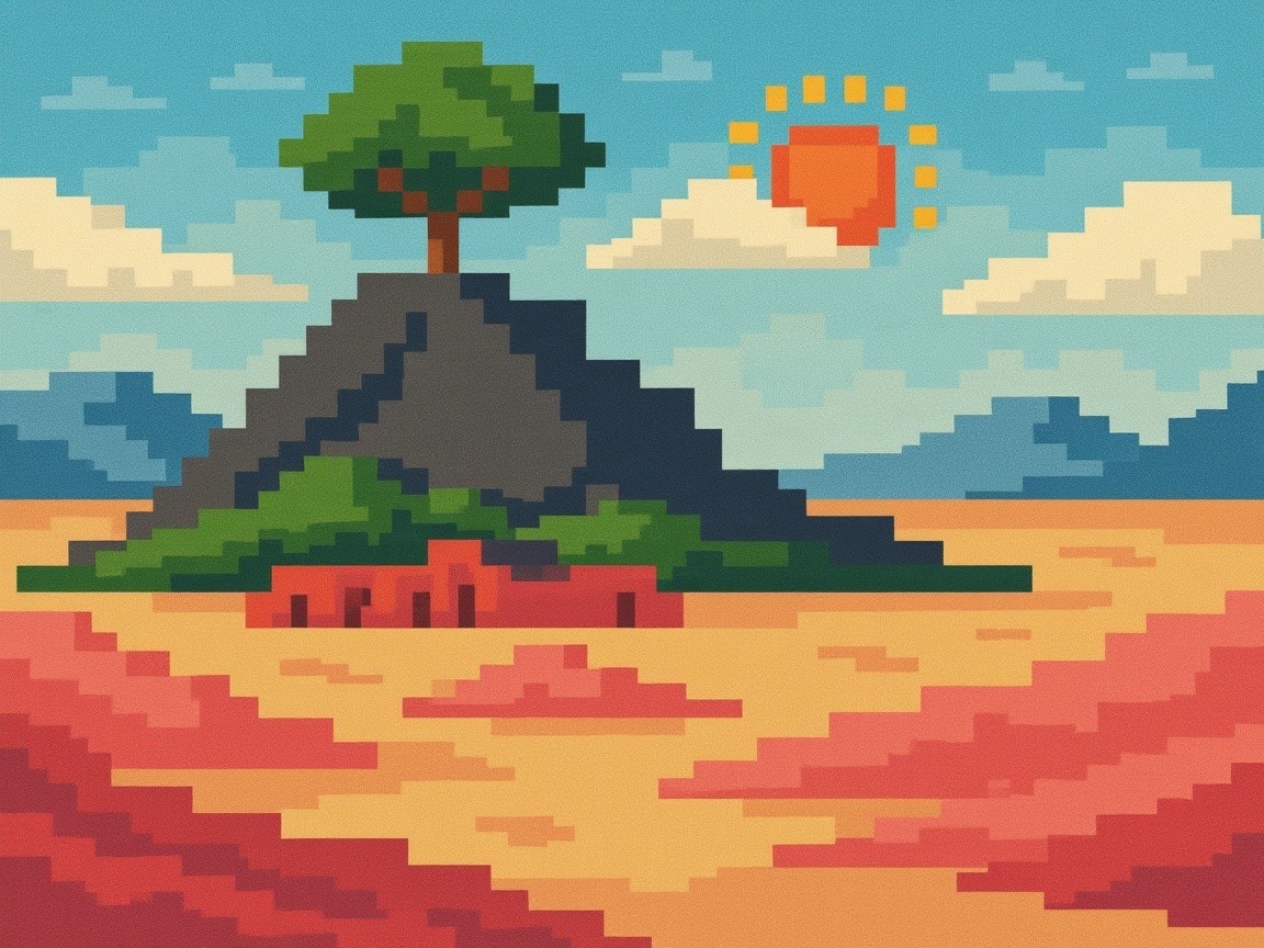 Pixel Art Landscape with Mountain and Tree Details
