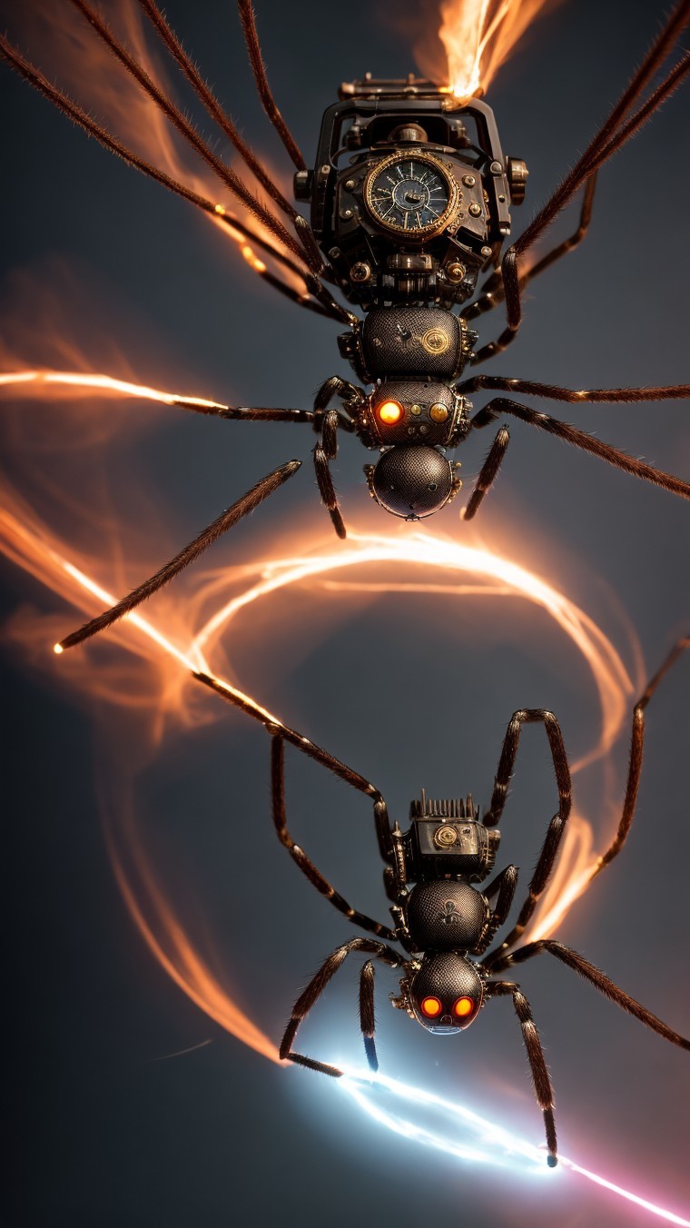 Futuristic Scene of Robotic Spiders with Light Trails