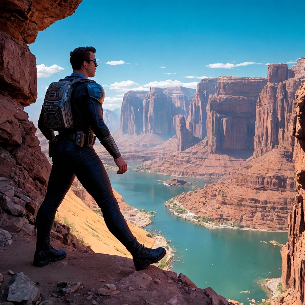 Lone Figure on Rocky Ledge Overlooking River and Cliffs