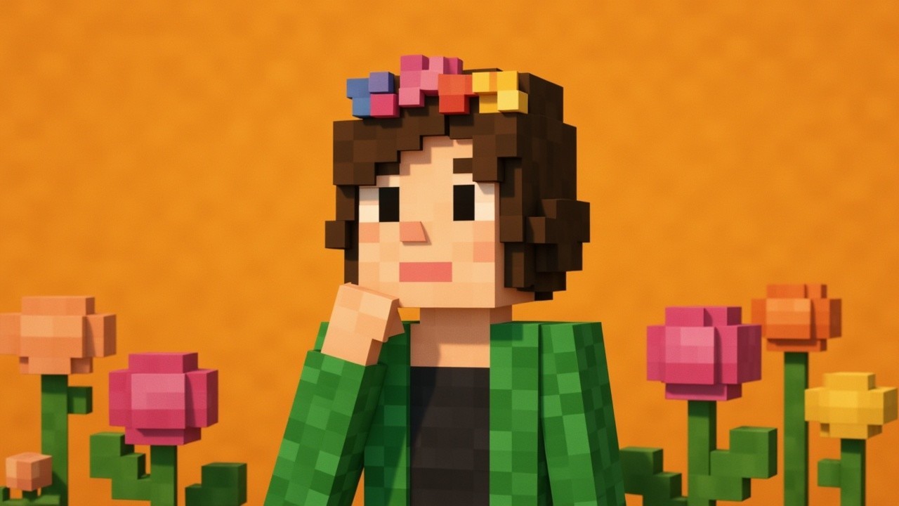 Pixelated Character with Floral Crown on Orange Background