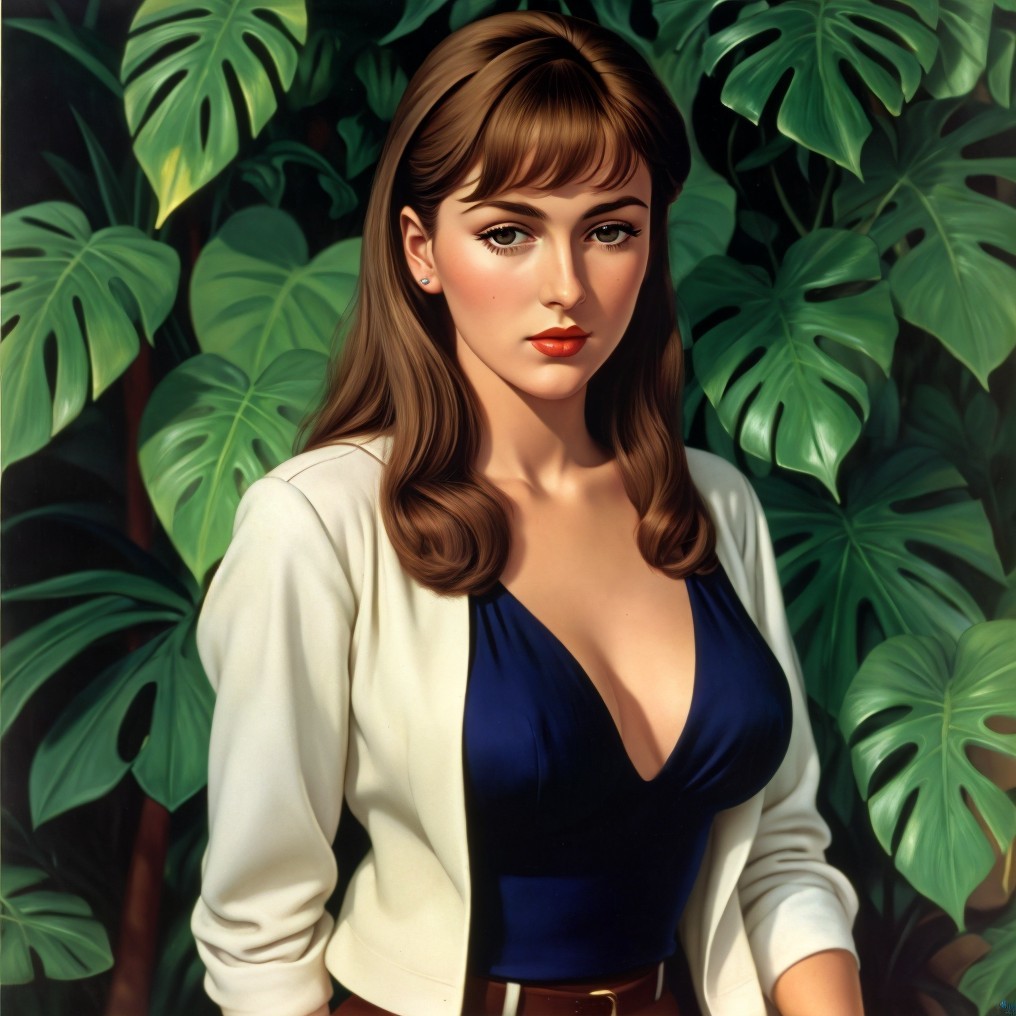 Elegant Woman in Blue Top Surrounded by Greenery