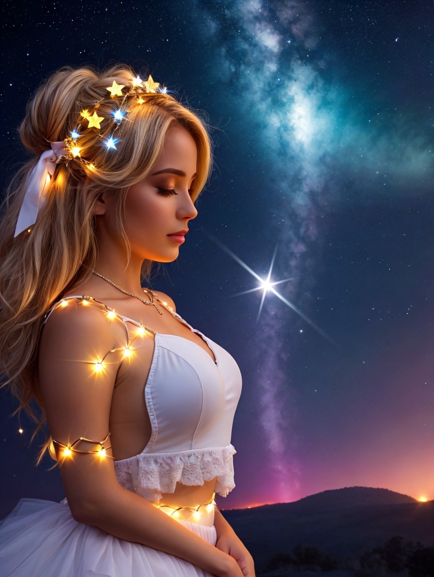 Serene Woman in White Dress Against Starlit Sky
