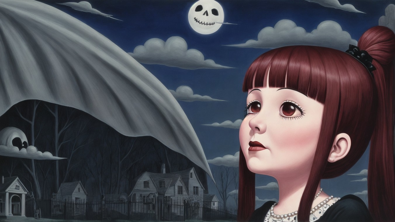 Young girl in black dress under eerie night sky