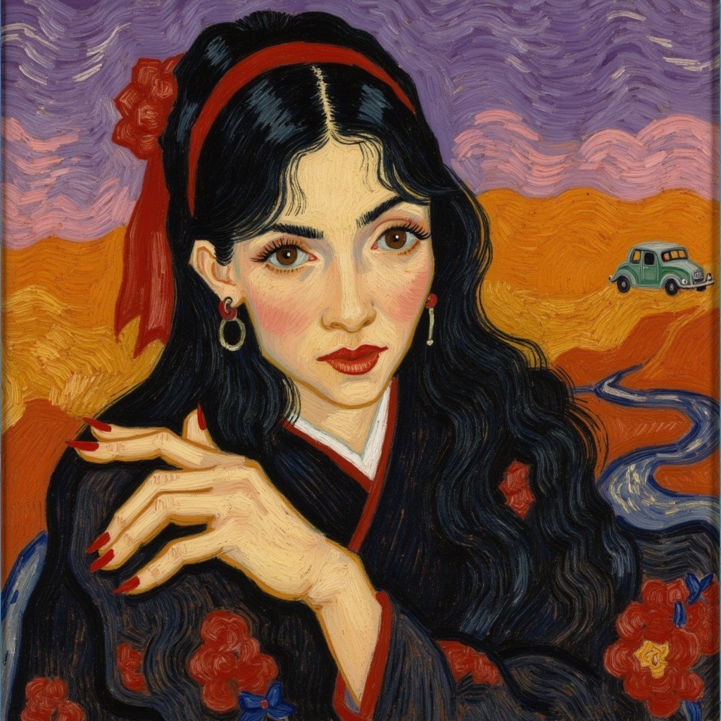Woman in Black Kimono with Floral Patterns and Car