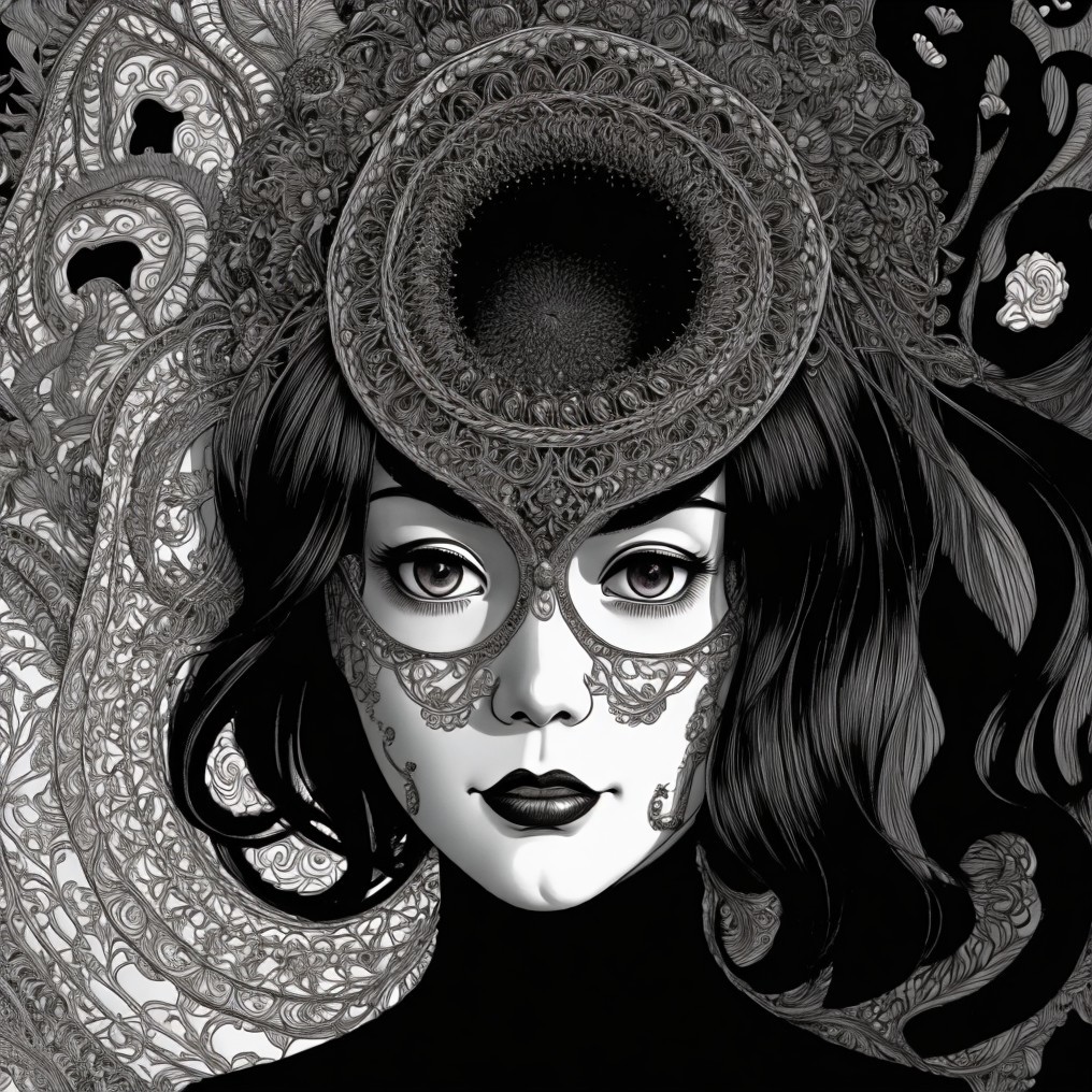 Black-and-white illustration of a woman with patterns