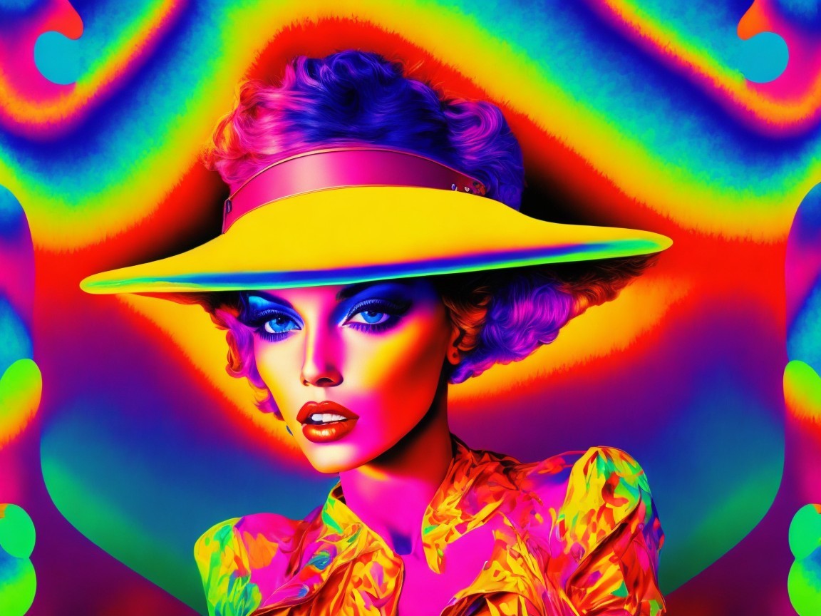 Surreal Artwork with Bold Makeup and Yellow Hat