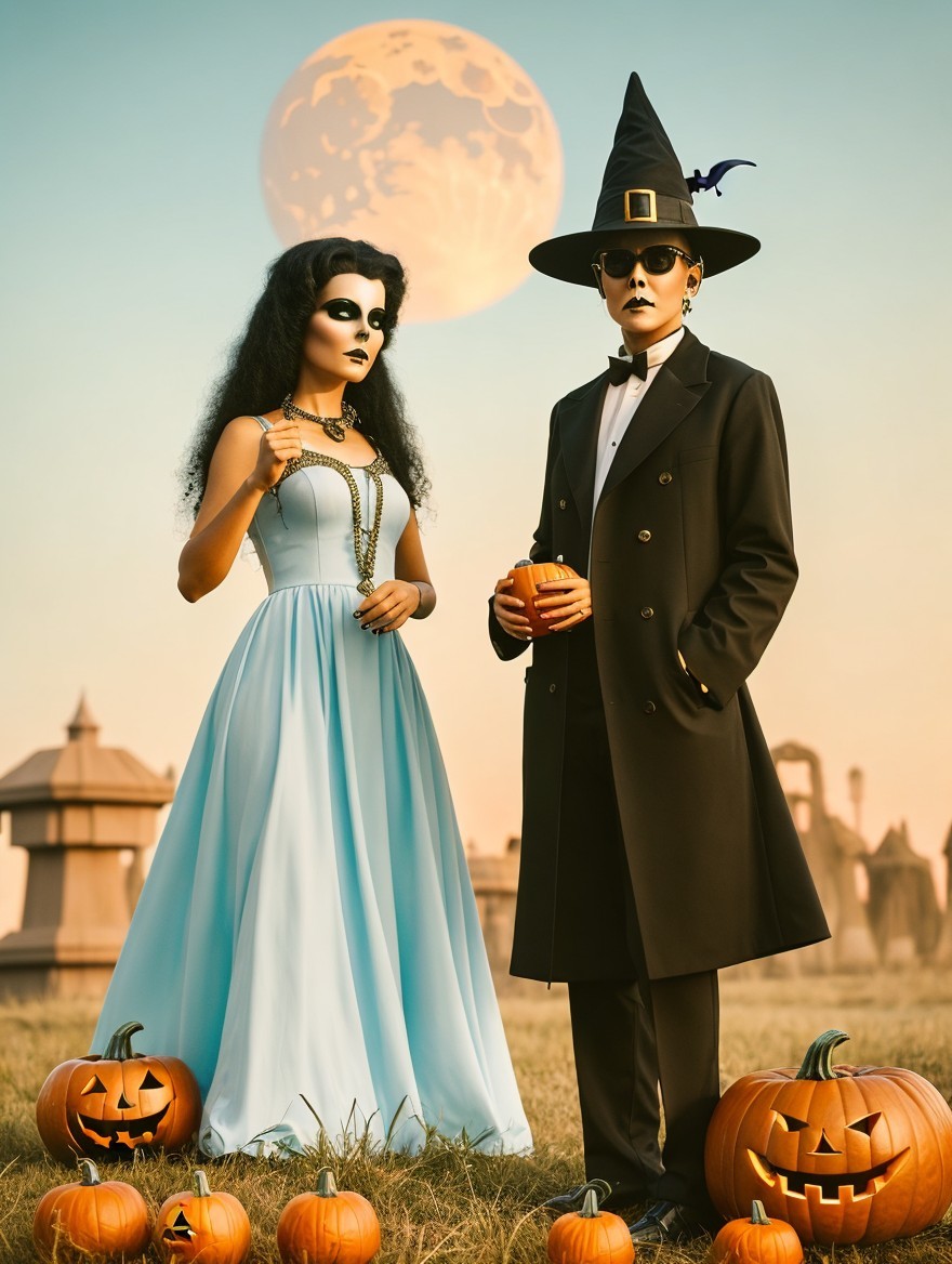 Couple in Graveyard at Dusk with Full Moon and Pumpkins