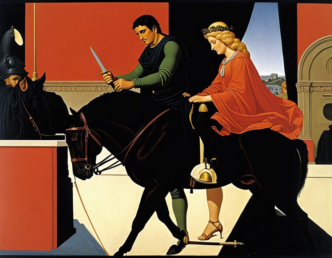 Knight on Black Horse with Woman in Red Garment