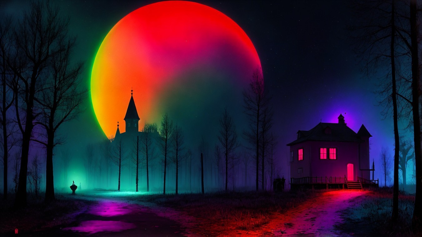 Surreal Landscape with Colorful Moon and Forest Path