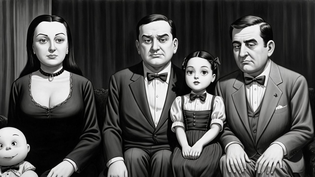 Gothic Family Portrait in Black-and-White Illustration
