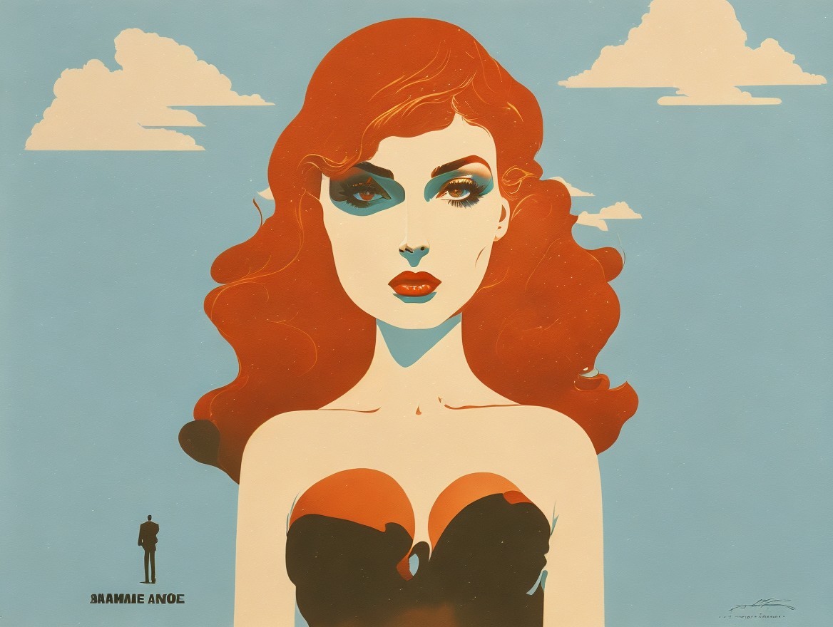 Digital Illustration of a Woman with Red Hair and Clouds