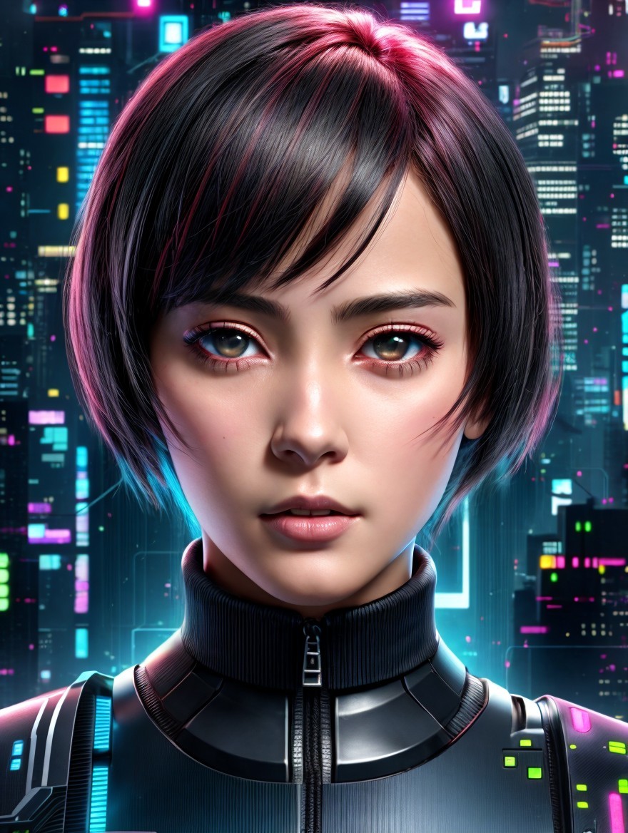 Futuristic Portrait of a Young Woman in Cyberpunk Style