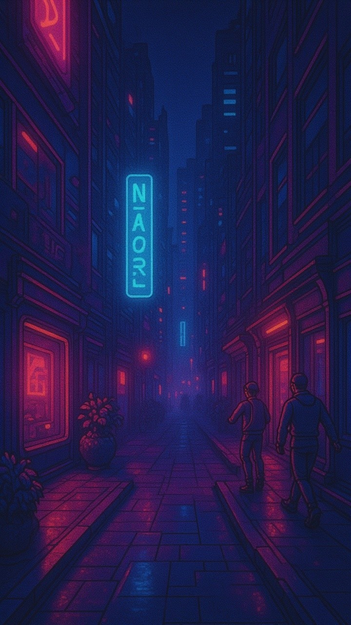 Dimly Lit Urban Alleyway with Neon Signs at Night