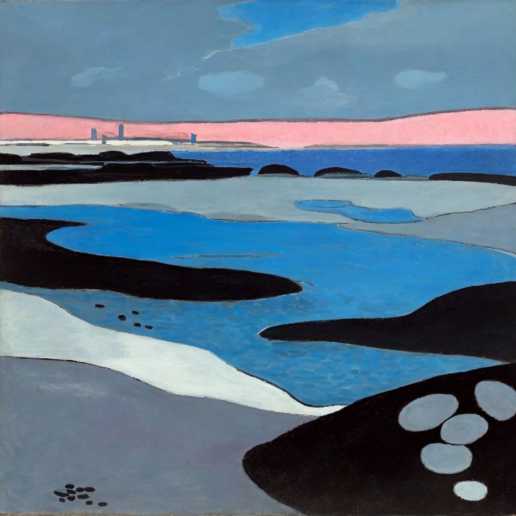 Serene Coastal Landscape with Calm River and Pink Sky