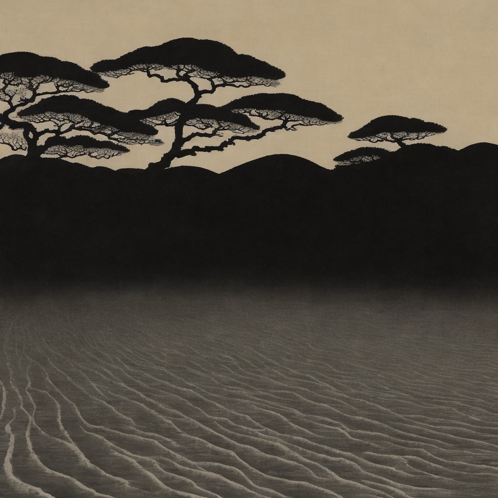 Serene Landscape with Stylized Trees and Gentle Hills