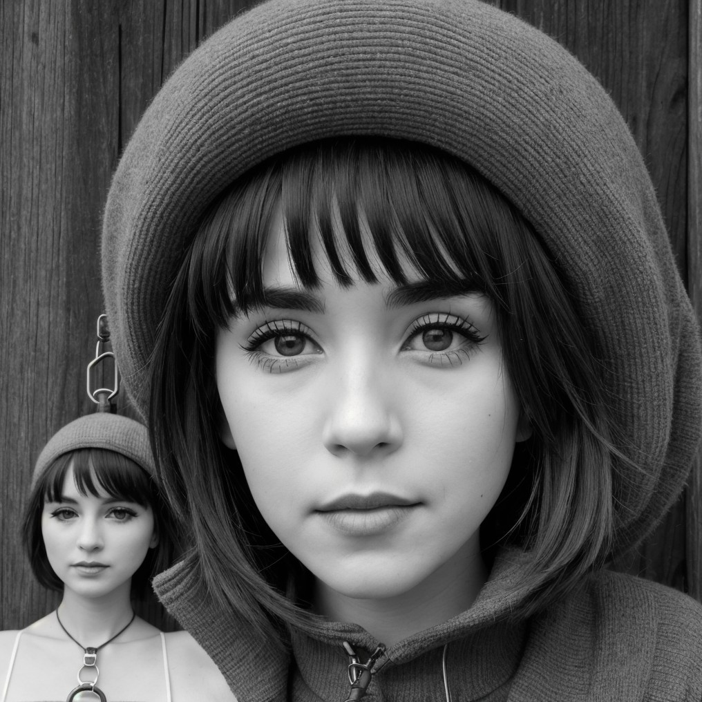 Black-and-white portrait of a young woman with hat
