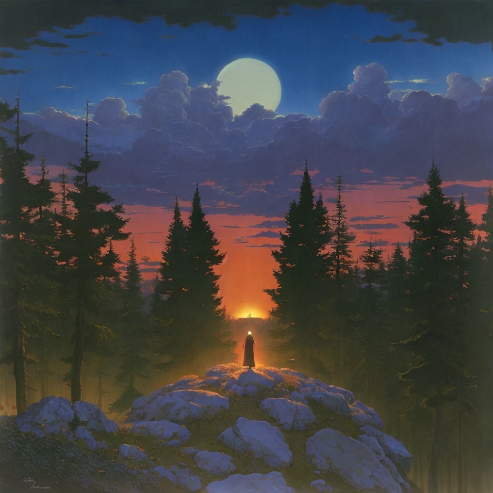Twilight Scene with Figure and Candle in Nature